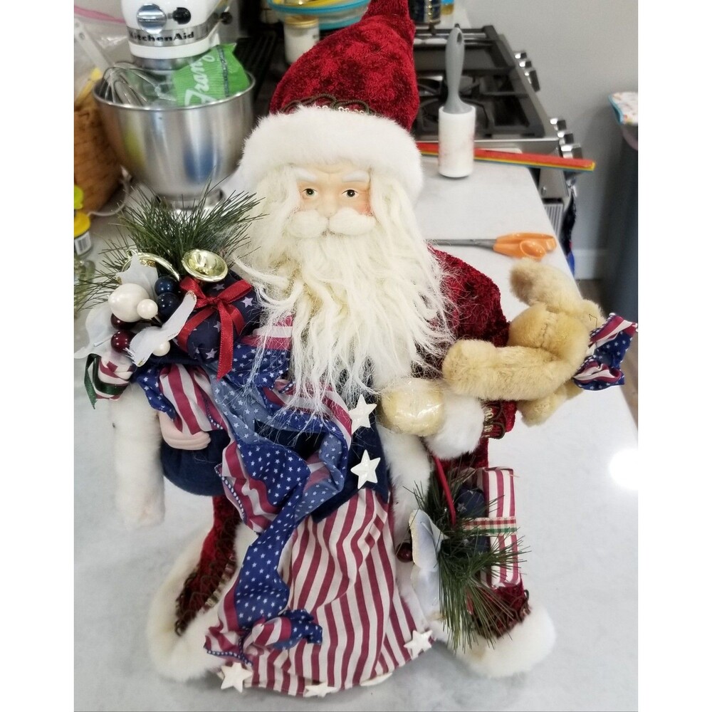 Patriotic Santa Figurine 18" Porcelain Face & Hands Teddy Bear Holiday Decor